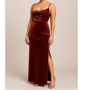 Revelry Maxi Dress Velvet straps side slit size 8 Terracotta Bridesmaid Formal